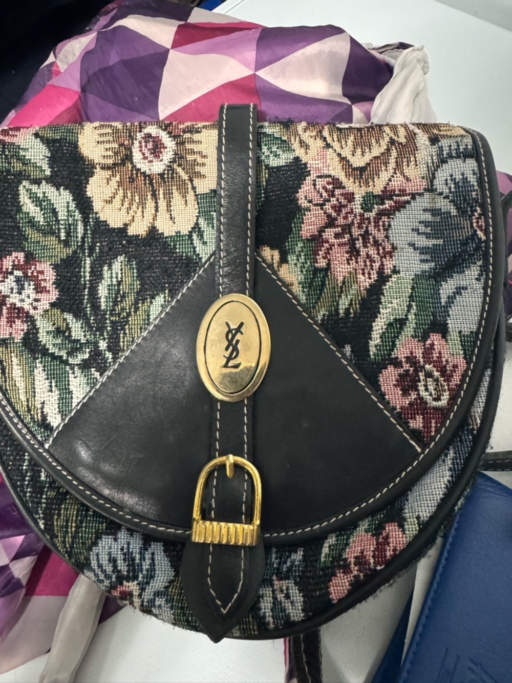 Yves Saint Laurent Floral Tapestry Crossbody with Black Leather & Gold Hardware